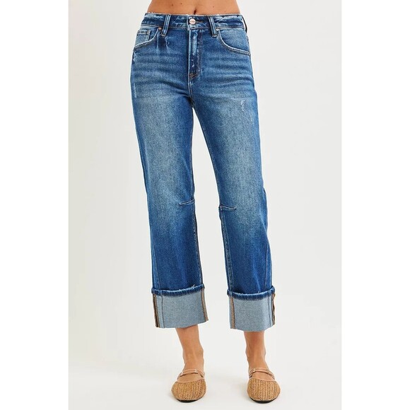 Risen Denim - RISEN High Rise Straight Jeans with Distressed Hem